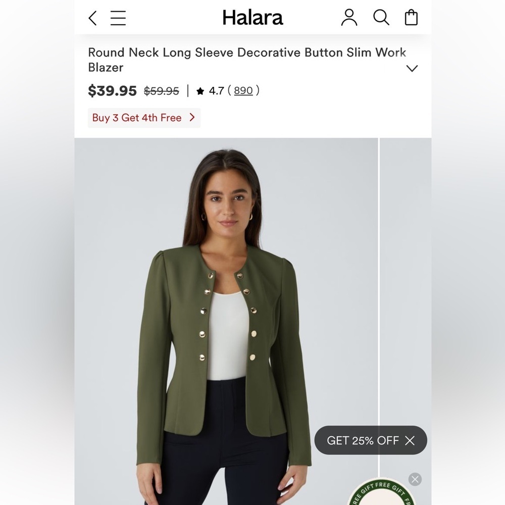 Halara Button Blazer Top - Work Office Business -Olive Green